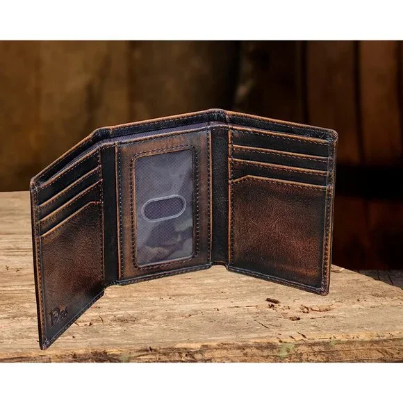 Men Full Grain Leather with Hand Burnished TriFold  Black and Brown color Wallet - Picture 5 of 7